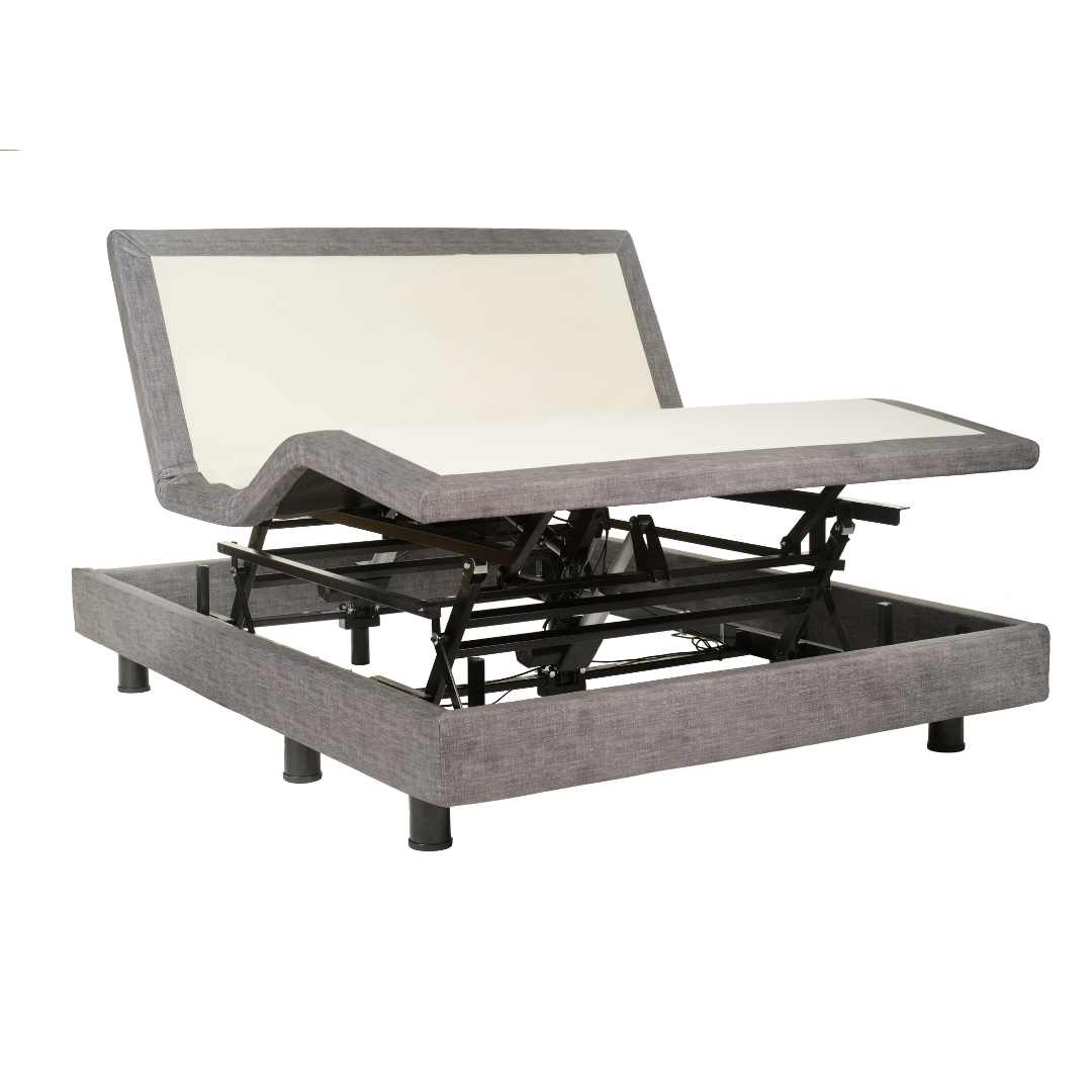 The Golden Passport Hi/Low Full Electric Homecare Bed with Massage is shown in a lifted recline position, demonstrating adjustable head and foot sections. Explore specs or watch videos for details on its sturdy legs and modern design.